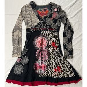 Desigual Size Medium Empire Waist V-Neck dress Ruffled Hem Swing Dress